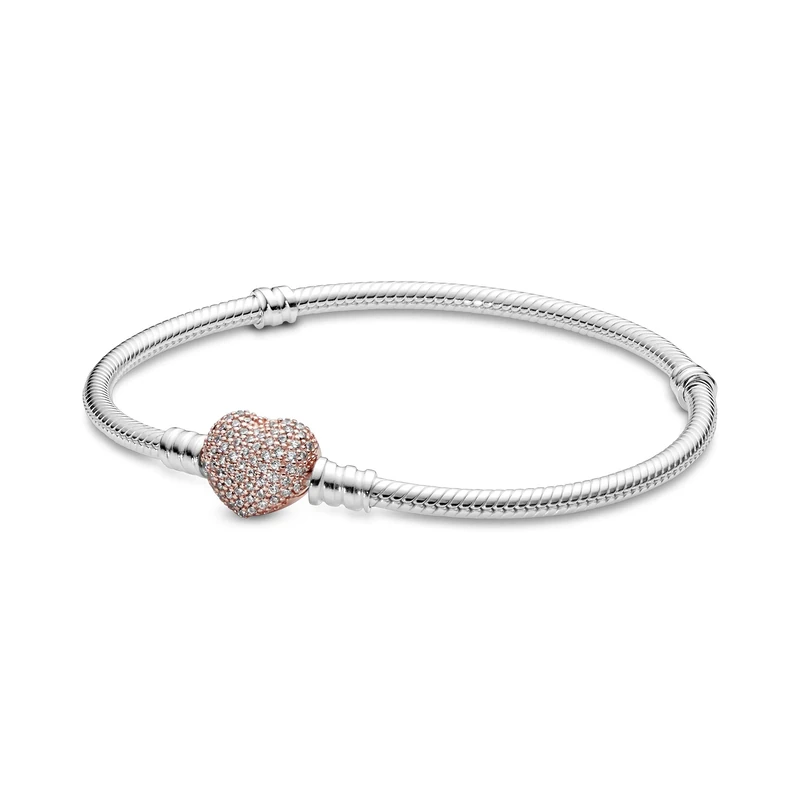 PANDORA Moments Women's 14k Rose Gold-Plated and Sterling Silver Pavé Heart Clasp Cubic Zirconia Snake Chain Bracelet for Charms, Size 18, No Box