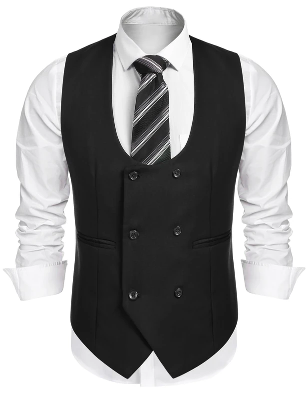 COOFANDY Men's Formal Suit Vest Double Breasted Dress Vest Slim Fit Business Waistcoat, Black, Large