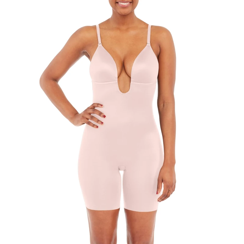 Spanx Women's Syf Plunge Low-Back Mid-Thigh Champagne Bodysuit, Beige (Champagne Beige 000), UK 12-14 UK