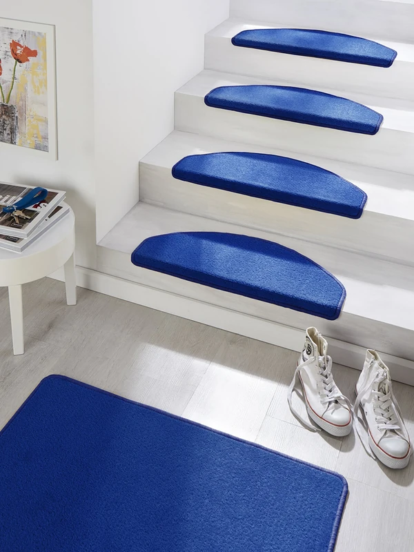 Hanse Home Fancy Stair Mats - Stair Carpet Stair Mats Self-Adhesive Safety Stair Carpet Semicircular for Stair Treads - Blue, Approx. 23 x 65 cm, Pack of 15