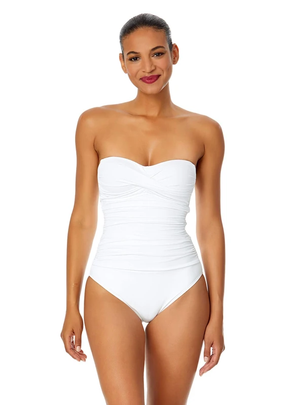 Anne Cole Women's Front-Shirred Bandeau One-Piece Swimsuit, White, 12