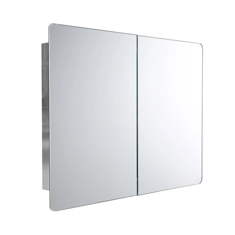 iBathUK Malmo Wall Mounted Double Door Mirror Cabinet, Frameless Rectangular Silver Mirror, Magnetic Catch, Modern Bathroom Storage, Polished Stainless Steel, 800x600mm