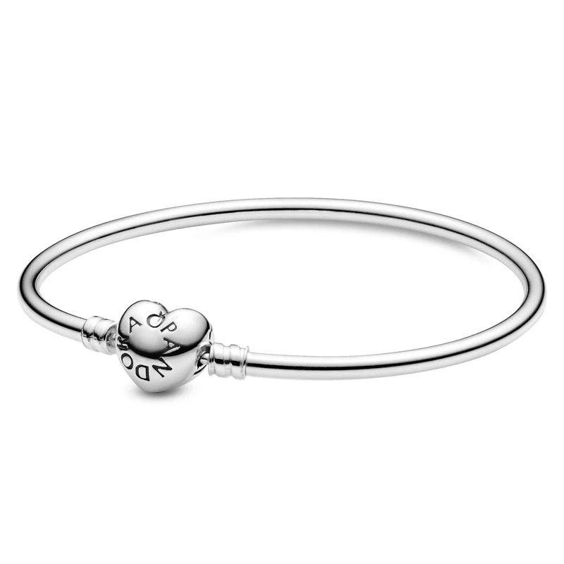 PANDORA Moments Women's Sterling Silver Heart Clasp Bangle Bracelet for Charms, Size 21, No Box