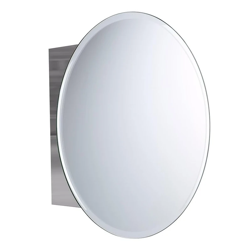 iBathUK Stockholm Wall Mounted Round Mirror Cabinet, Frameless Round Silver Mirror, Magnetic Catch, Modern Bathroom Storage, Polished Stainless Steel, 500x500mm