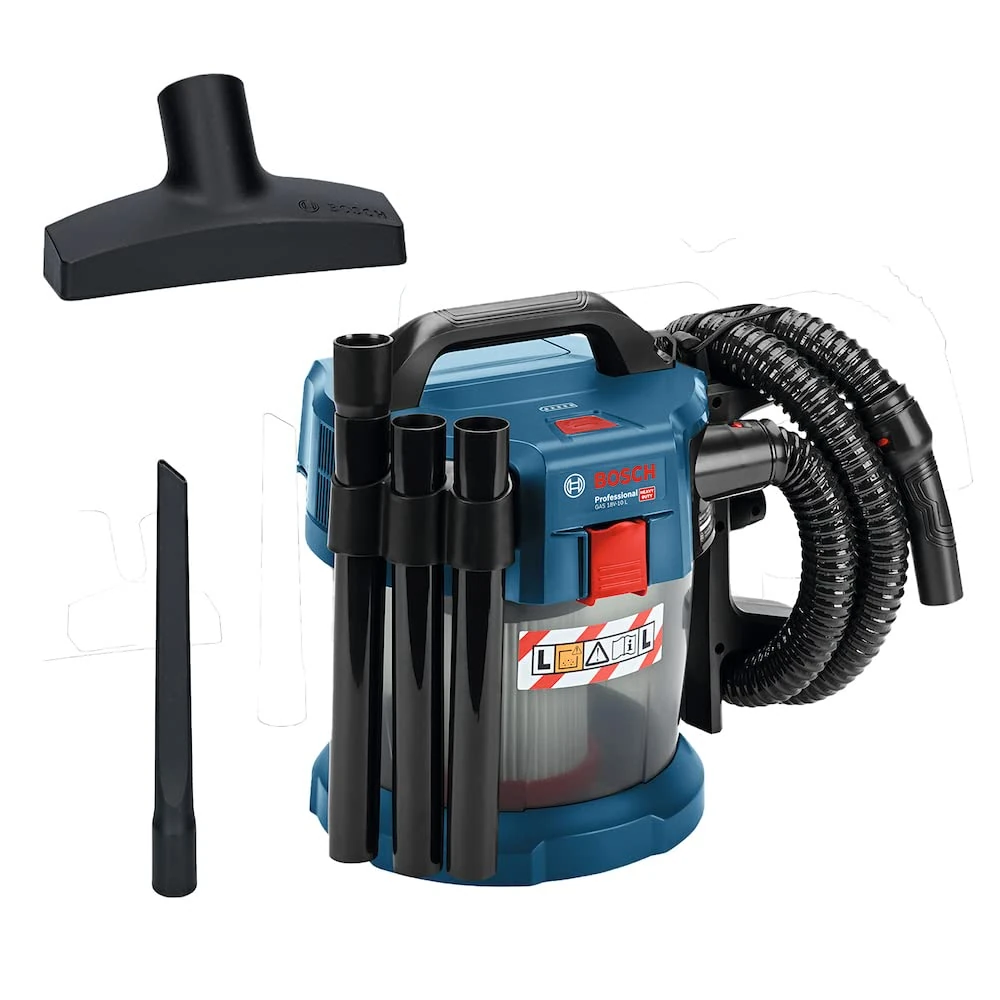 Bosch Professional 18V System GAS 18V-10 L Cordless Wet/Dry Dust Extractor (excl. rec. bat.+charger, incl.1.6m Hose, Elbow pipe, 3-pc. extra Pipe Set, 250mm Crevice Noz., fl. Noz.+Flat-Pleated Filter)