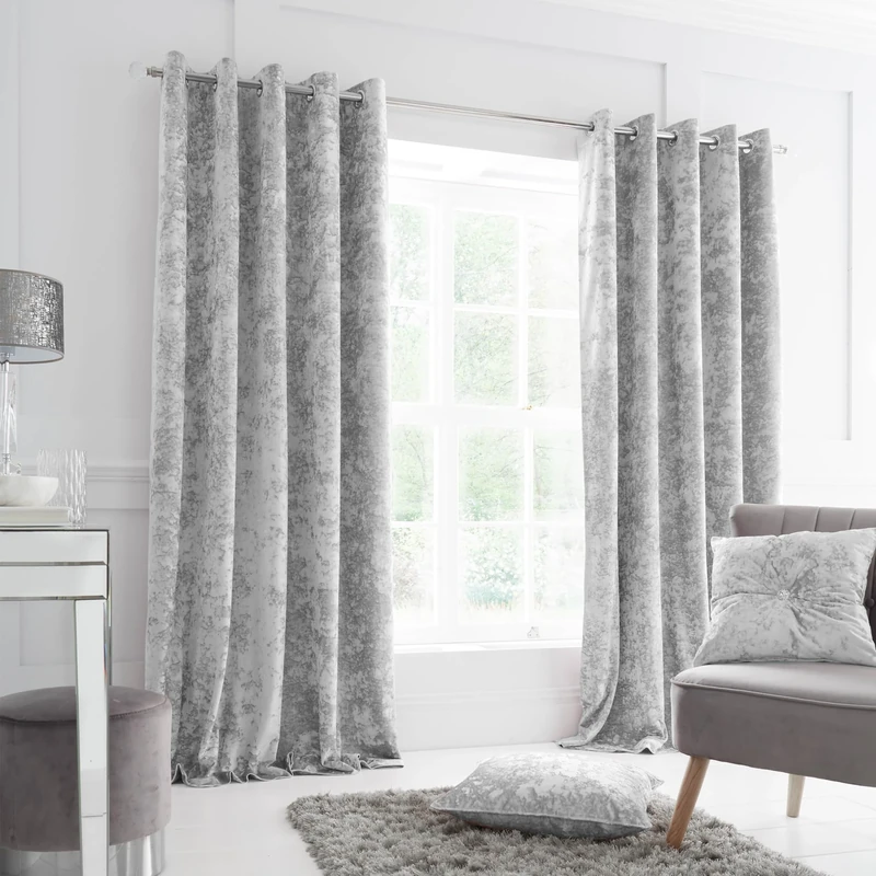 Catherine Lansfield Crushed Velvet 66x90 Inch Lined Eyelet Curtains Two Panels Silver Grey