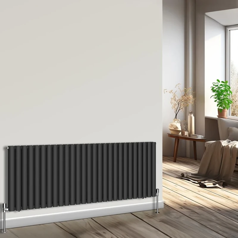 NRG Horizontal Designer Radiator Oval Double Panel Central Heating Black 600mmx1593mm