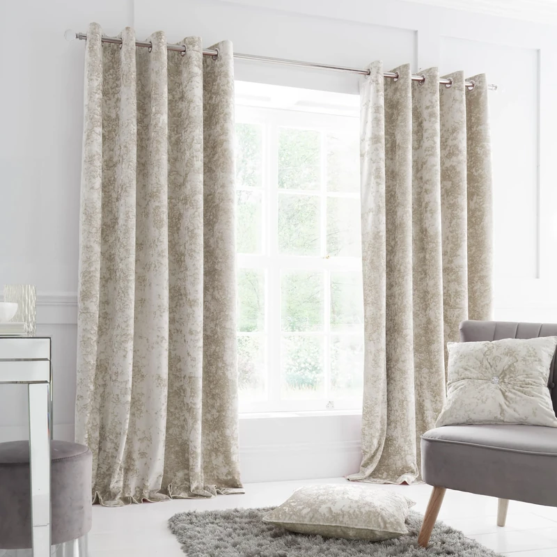 Catherine Lansfield Crushed Velvet 90x90 Inch Lined Eyelet Curtains Two Panels Natural - Image 1