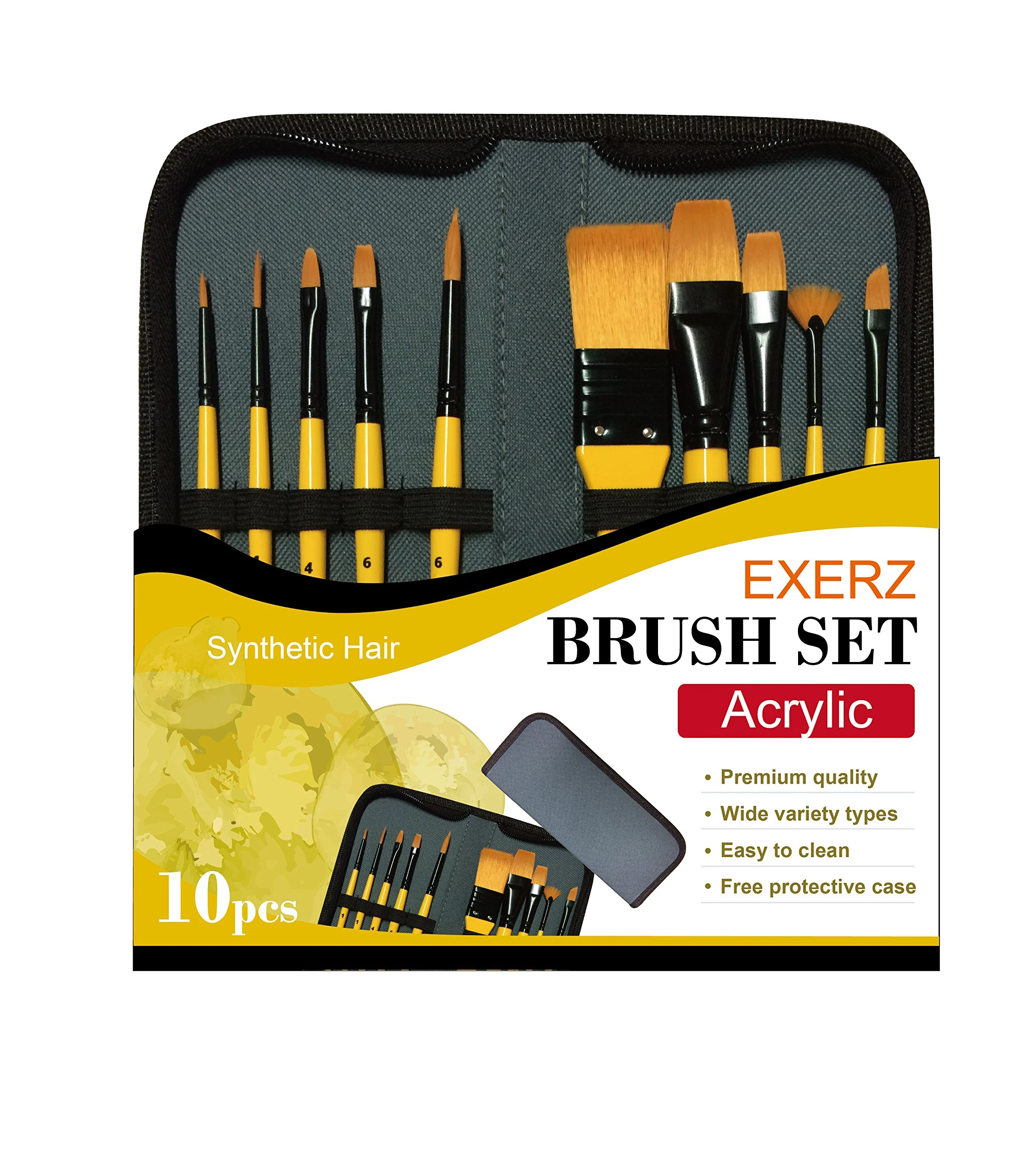Exerz JH024 Artist Paint Brush Set – 10 pcs Professional Synthetic Hair Brushes in a Travel Case/Perfect for Acrylic Watercolour Gouache & Face Paint - Acrylic, yellow