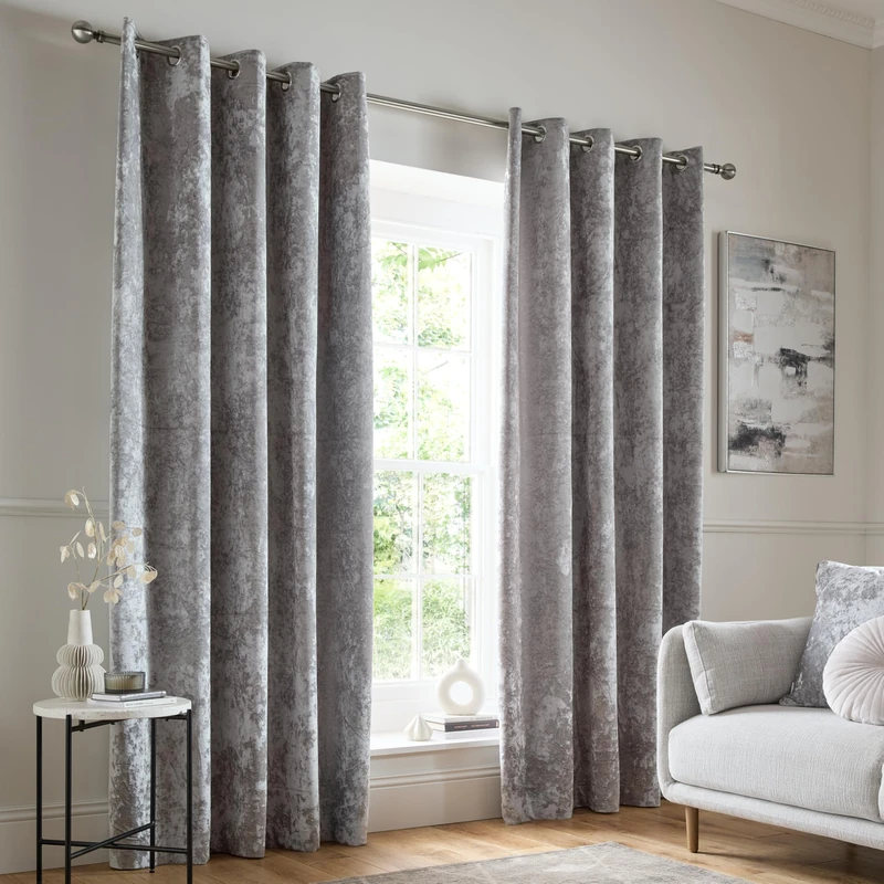 Catherine Lansfield Crushed Velvet 90x90 Inch Lined Eyelet Curtains Two Panels Silver Grey