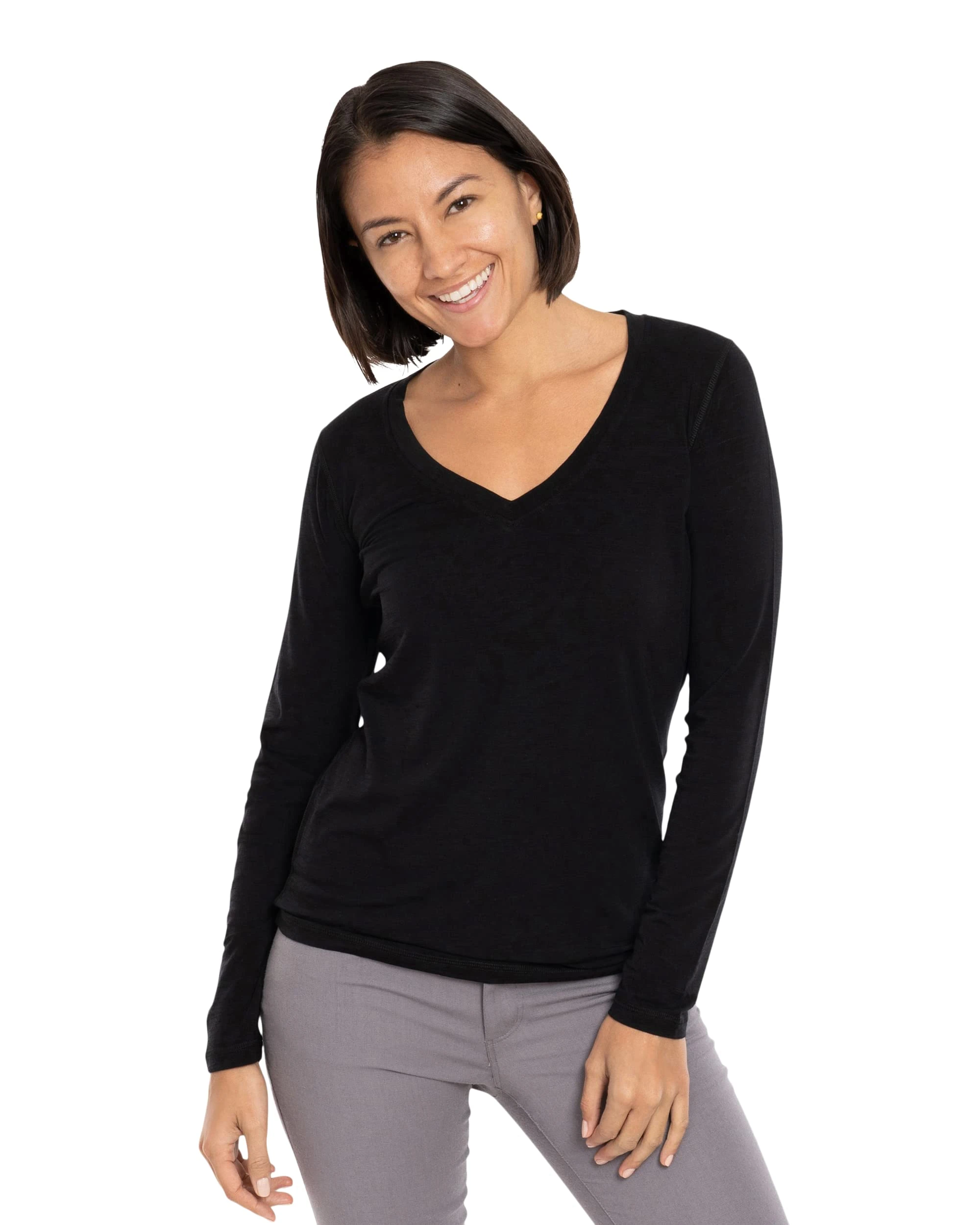 Women's Merino Wool Long Sleeve Shirt - Ultralight & Super Soft - Wicking Breathable Anti-Odor, Black, M