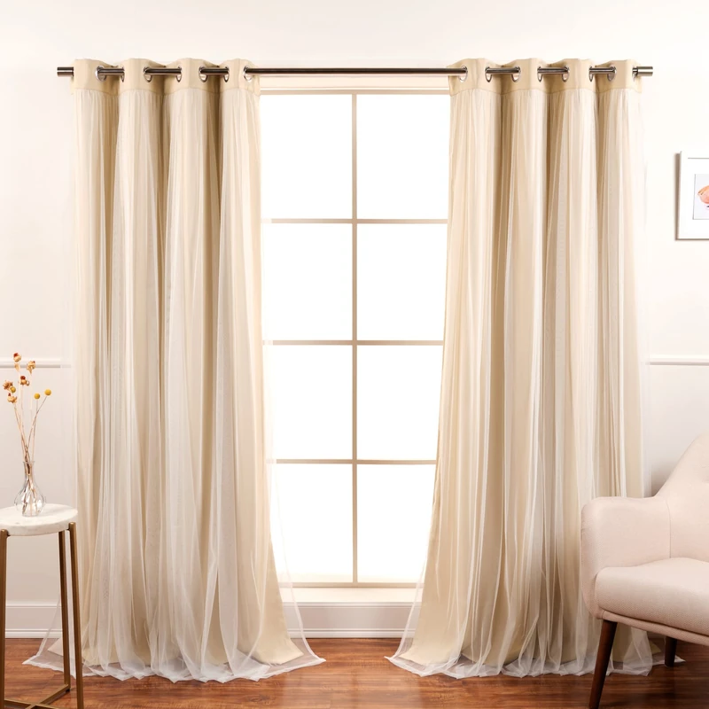 Best Home Fashion Set of 2 Lace Tulle Overlay Thermal Insulated Solid Blackout, Stainless Steel Nickel Grommet Window Panels for Bedroom, Living Room, Dining Room - 52" W x 96" L, Beige - Image 1