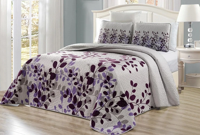 Grand Linen 3-Piece Fine Printed Oversize (115" X 95") Fresca Quilt Set Reversible Bedspread Coverlet King Size Bed Cover (Purple, Grey, Vine)
