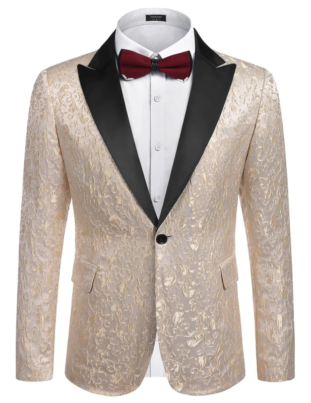 COOFANDY Mens Floral Blazer Suit Jacket Dinner Party Prom Wedding Stylish Tuxedo, 1 - Gold, XL