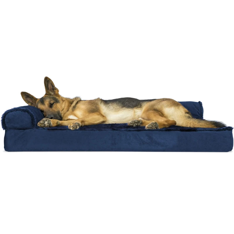 Furhaven XL Orthopedic Dog Bed Plush & Velvet L Shaped Chaise w/Removable Washable Cover - Deep Sapphire, Jumbo (X-Large)