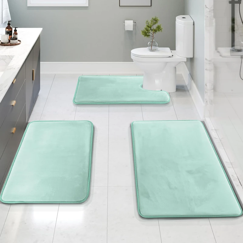 Clara Clark 3 Piece Velvet Memory Foam Bath Mat Set - Non-Slip, PVC Backing, Washable, Dries Quickly - Blue Bathroom Rug Set