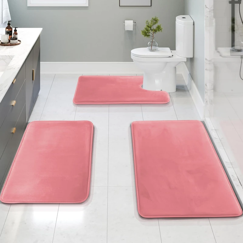 Clara Clark 3 Piece Bath Mat Set, Velvet Memory Foam Rugs for Bathroom - Non-Slip, PVC Backing, Washable, Quick-Drying - Pink