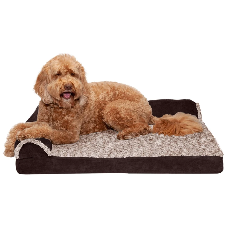 Furhaven Large Orthopedic Dog Bed Two-Tone Faux Fur & Suede L Shaped Chaise w/Removable Washable Cover - Espresso, Large
