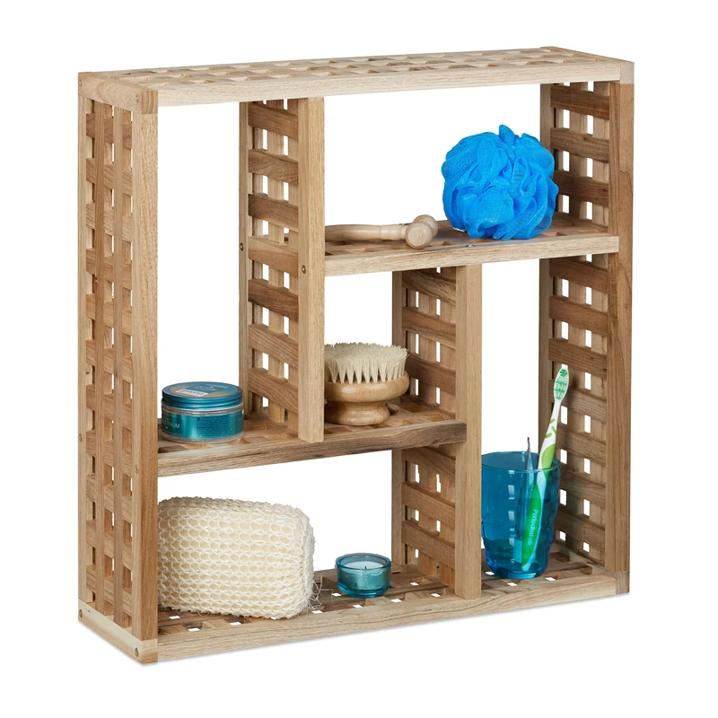 Relaxdays Wall Bath Shelves, Walnut, 5 Compartments, for Bathroom Hallway Living Room, HxWxD: 50 x 50 x 15 cm, Natural