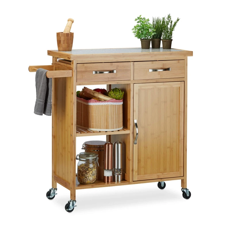 Relaxdays Wooden Kitchen Cart, Bamboo, 4 Wheels, Marble Tabletop, with Drawer, HxWxD: 85.5 x 89.5 x 36 cm, Natural
