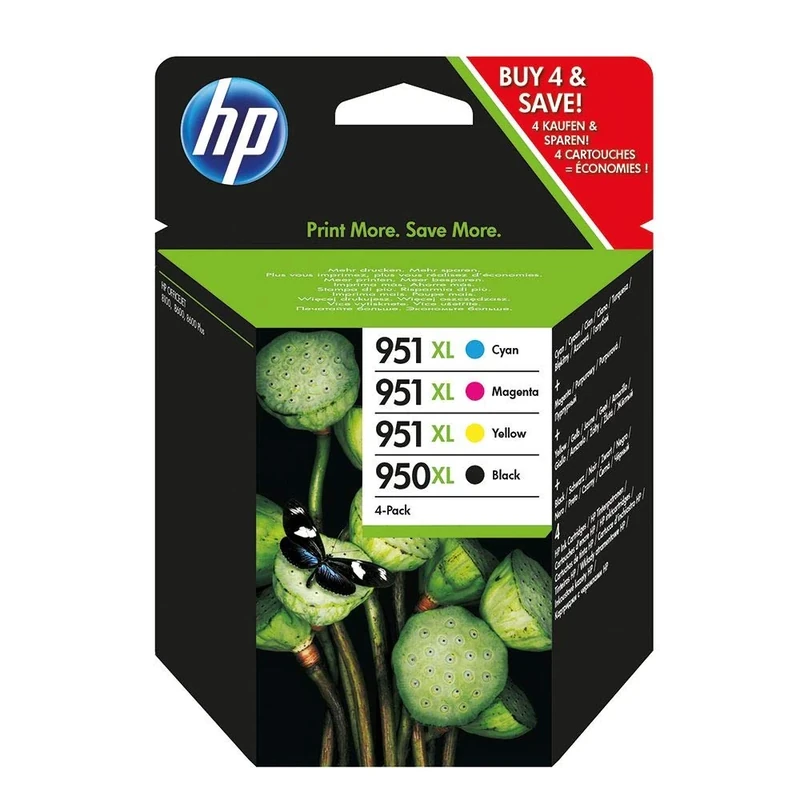 HP 950XL (Black)/951XL (Cyan/Magenta/Yellow) Pack of 4 Genuine Ink Cartridges, Black, Cyan, Magenta, Yellow