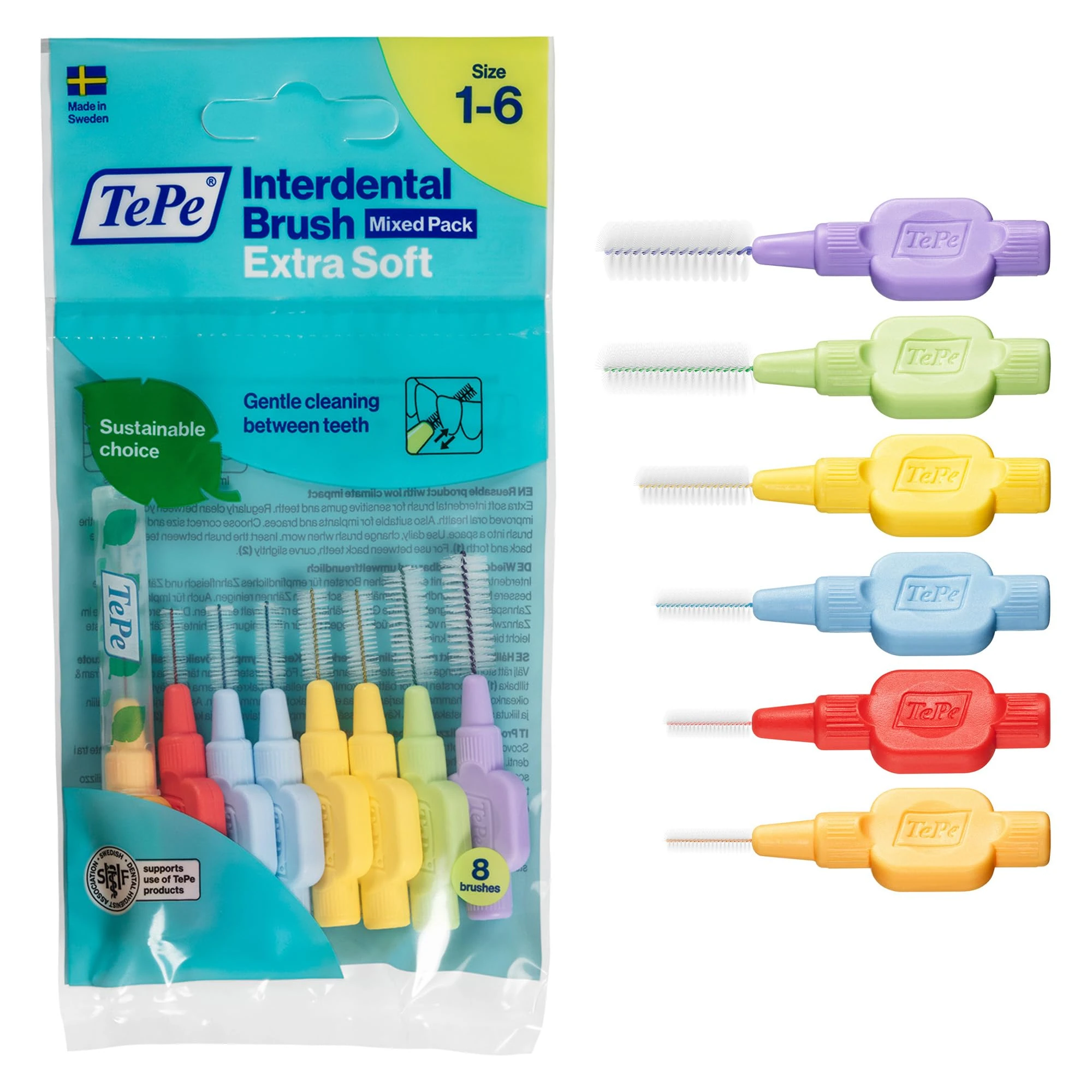 TePe Interdental Brush, Extra Soft, Mixed Pack, 0.45-1.1mm/ISO 1-6, 8pcs, Plaque Removal, flossers for Wide Gaps, from Narrow to Large Gaps