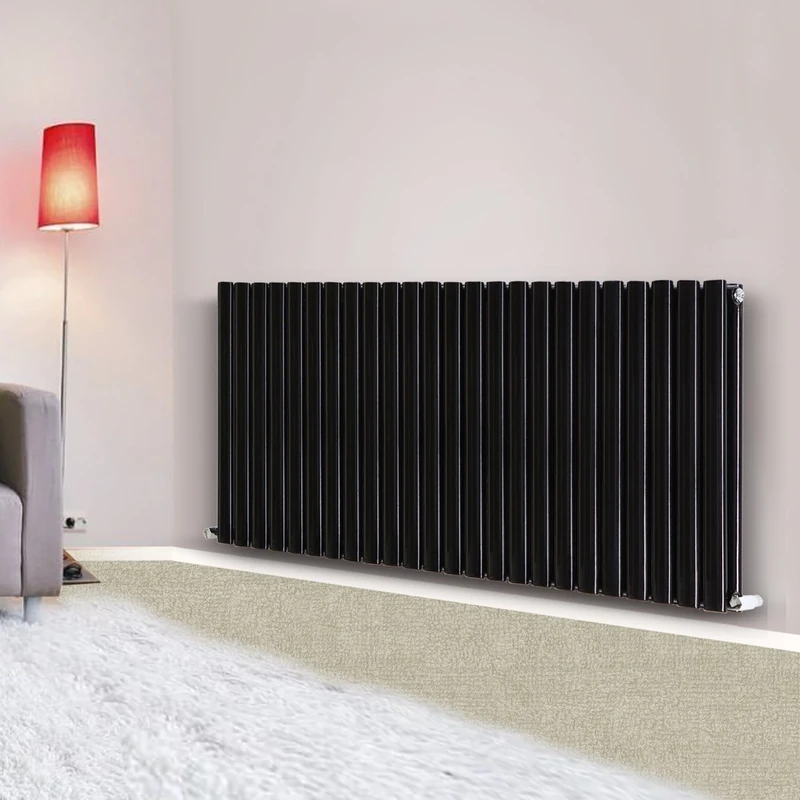 NRG Modern Horizontal Column Designer Radiator Black 600x1416 Oval Double Panel - Home Livingroom Bedroom Bathroom Heater