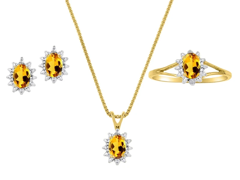 Rylos Simply Elegant Beautiful Yellow Topaz/Citrine & Diamond Matching Set - Ring, Earrings and Pendant Necklace - November Birthstone*