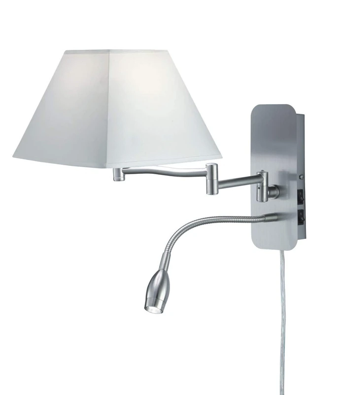 Trio Leuchten Hotel 271370201 Wall Light Metal Nickel Matt Fabric Shade White Includes 3.1 Watt LED Excludes 1x E14 Separately Adjustable Reading Arm Flexible - Image 1