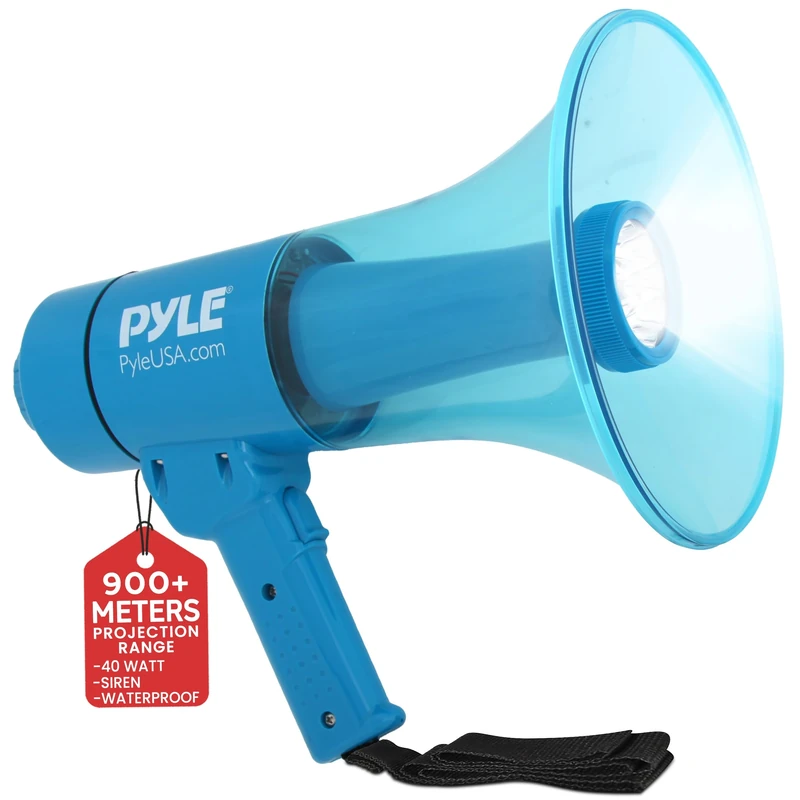 Pyle 40W Waterproof Megaphone Speaker, Loud Bullhorn Megaphones with Siren, Adjustable Volume & LED Flashlight, AA Battery Powered, Indoor-Outdoor Use, Perfect for Police, Football, Kids & More