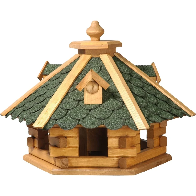 Dobar 98720E Rustic Block House Style Bird House With Green Bird House Bitumen Roof with 6 Entrance Holes, Pine, XL, green