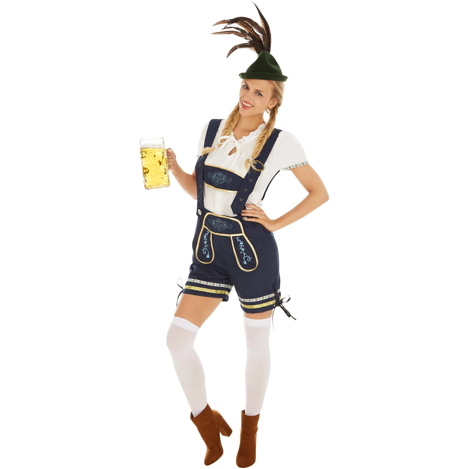 dressforfun Oktoberfest Costume Women - German Beer Girl Fancy Dress Outfit - Adult Ladies Bavarian Maid - Traditional Ledehosen Style Shorts, T-Shirt, Knee Socks Size XL