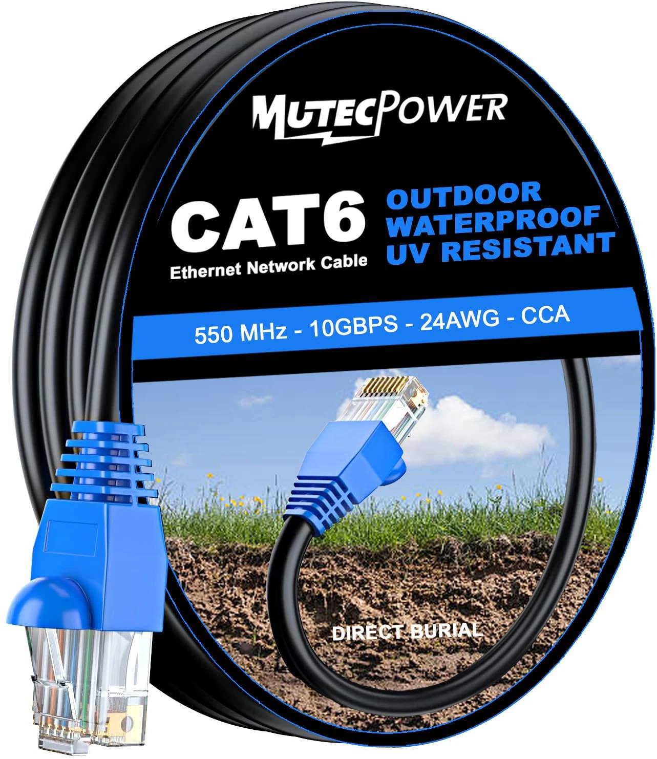MutecPower 15m CAT6 Outdoor waterproof Direct Burial Ethernet Network Cable - UTP - CCA - 550 Mhz - Black 15 meter with Cable Ties