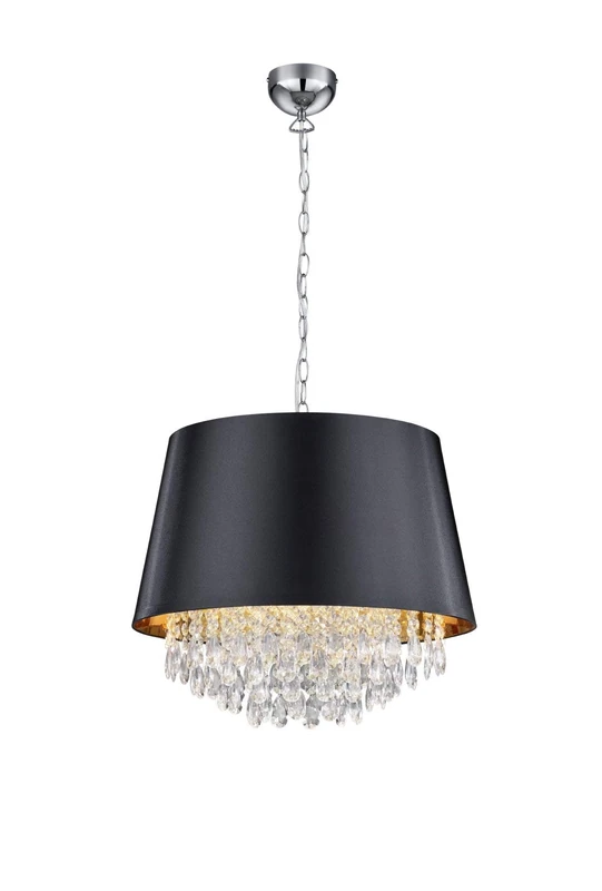 Trio Leuchten Loreley 309300302 Pendant Light Chrome-Coloured Metal/Black Shade/Gold-Coloured Interior/Clear Acrylic Decoration Excluding 3 x E14 / 50 x 50 x 150 cm