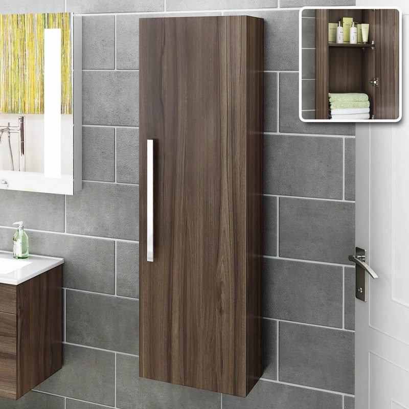 iBathUK 1200 mm Tall Wall Hung Walnut Effect Storage Cabinet Bathroom Furniture