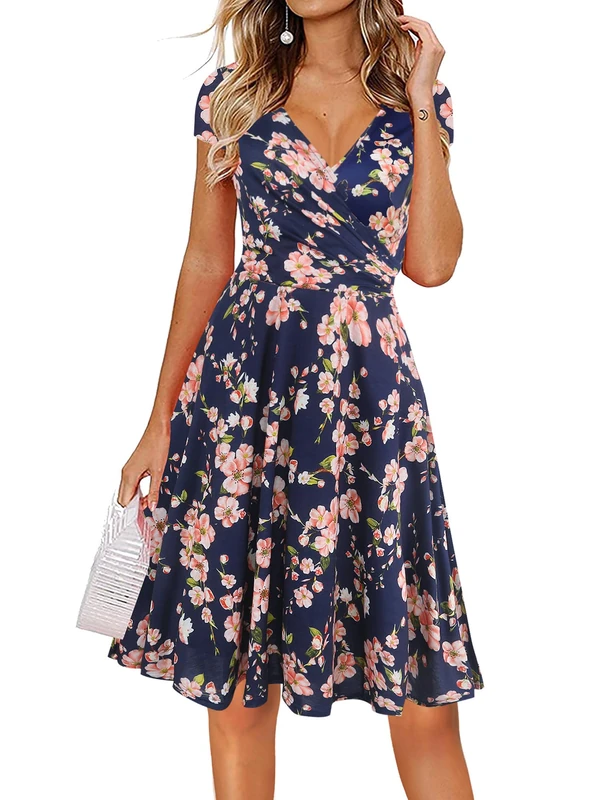oxiuly Women's Casual Dresses Criss-Cross V-Neck Floral Flare Midi Summer Dress OX233, Navy Blue Floral, M