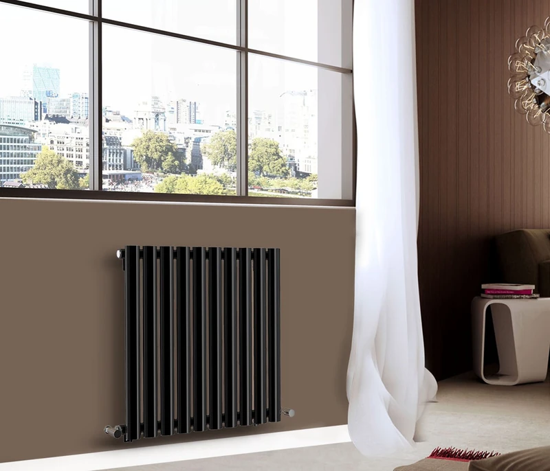 NRG Black Horizontal Single Panel Oval Column Designer Radiator 600mm x 590mm Luxury Central Heating Radiators
