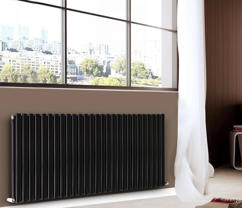 NRG 600mm x 1593mm Horizontal Oval Column Designer Radiator Black Double Panel Luxury Central Heating Radiators