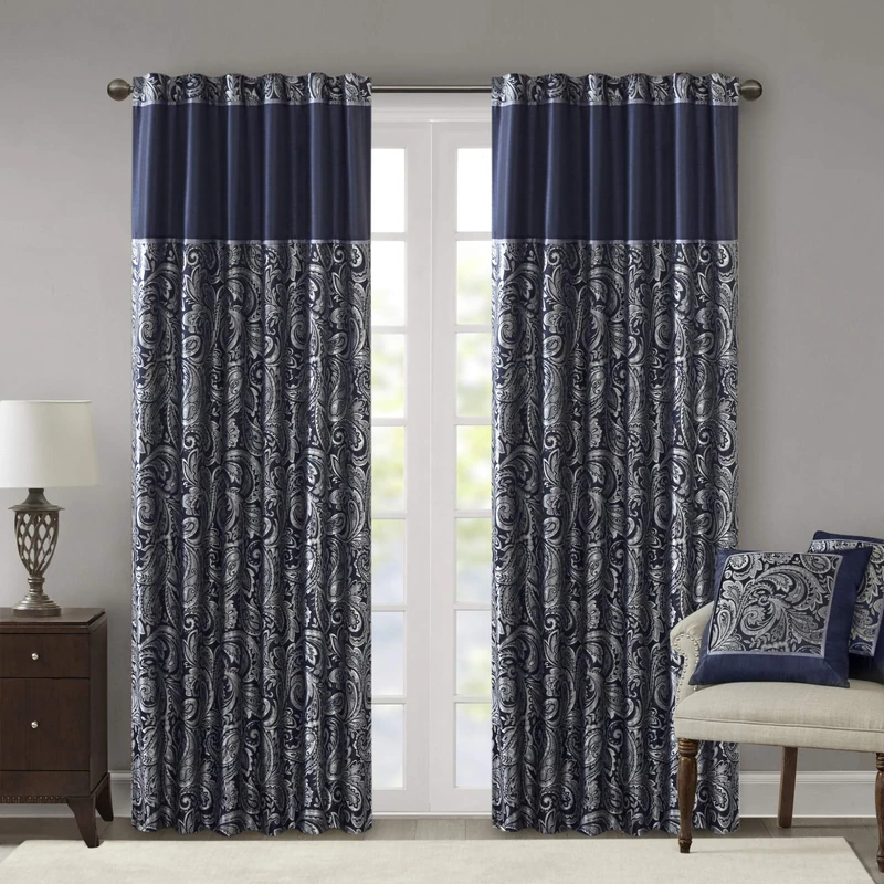 Madison Park Aubrey Faux Silk Paisley Jacquard, Rod Pocket Curtain for Living Room, Kitchen, Bedroom and Dorm, 50 in x 108 in, Navy