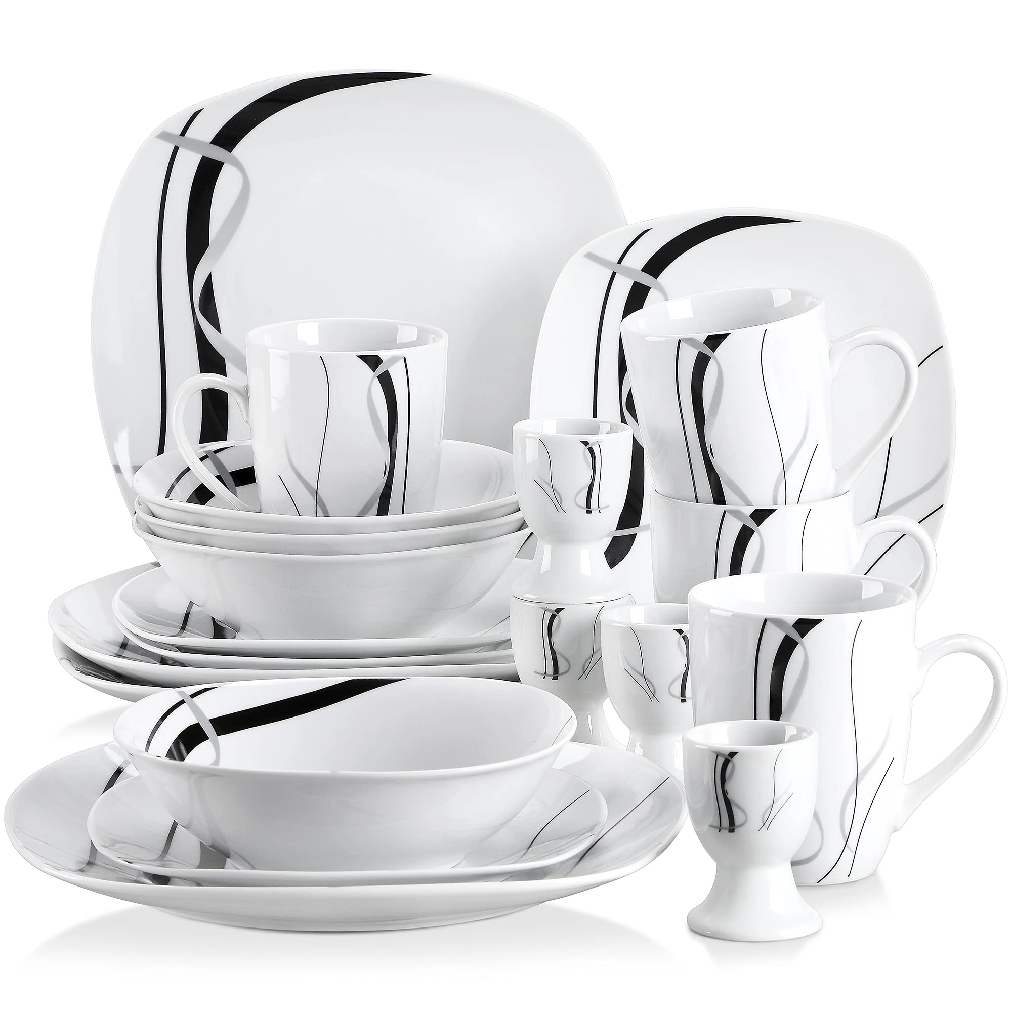 VEWEET 'Fiona' 20-Piece Dinner Set, Black Lines Porcelain Dinnerware Set, Ivory White Combination Sets with 4 * Egg Cup, 4 * Mug, 4 * Bowl, 4 * Dessert Plate, 4 * Dinner Plate, Service for 6