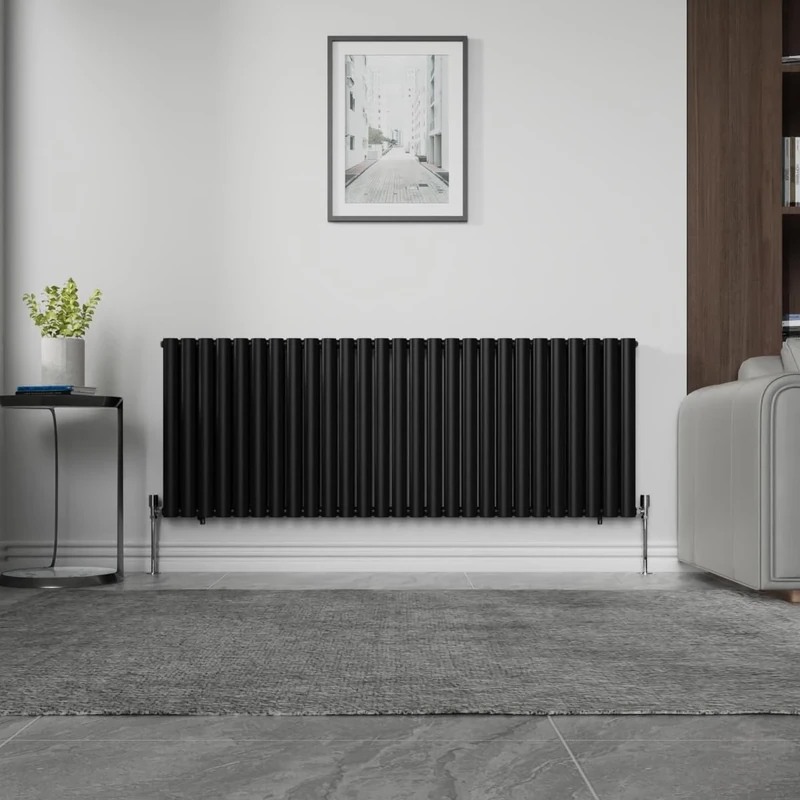 NRG 600mm x 1593mm Horizontal Oval Column Designer Radiator Black Double Panel Luxury Central Heating Radiators + Free Angled Valves