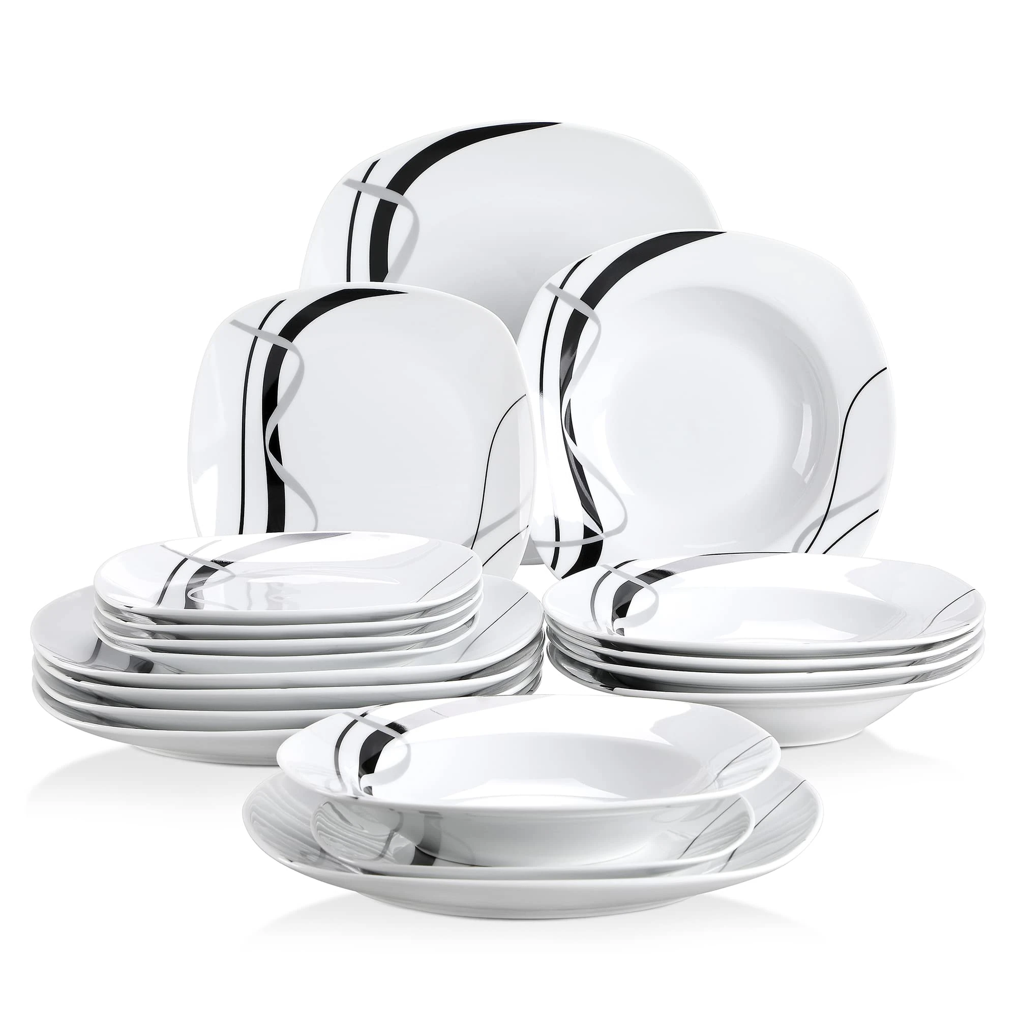 VEWEET 'Fiona' 18-Piece Dinner Set, Porcelain Tableware Set,Ivory White Black Lines Dinnerware Set of 6 * 9.75" Dinner Plate, 6 * 7.5" Dessert Plate, 6 * 8.5" Soup Plate, Service for 6