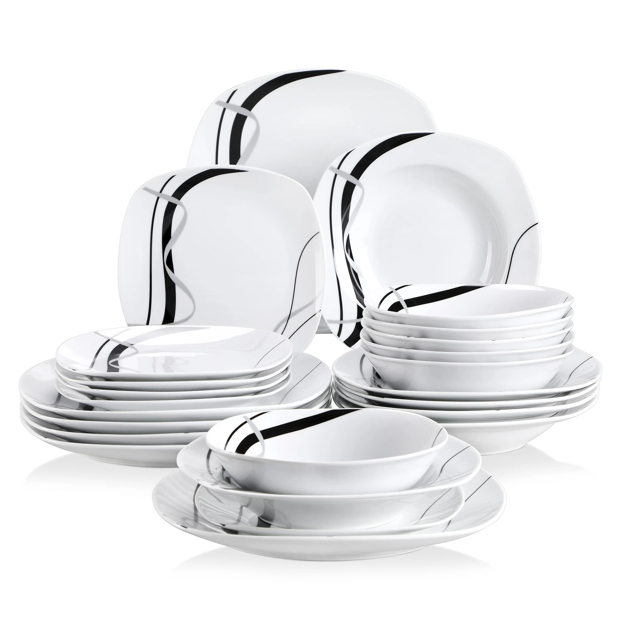 VEWEET 'Fiona' 24-Piece Dinner Set Ivory White Black Lines Combination Sets Porcelain Tableware Set of Bowls/Dessert Plates/Soup Plates/Dinner Plates, Service for 6, Dishwasher & Microwave Safe