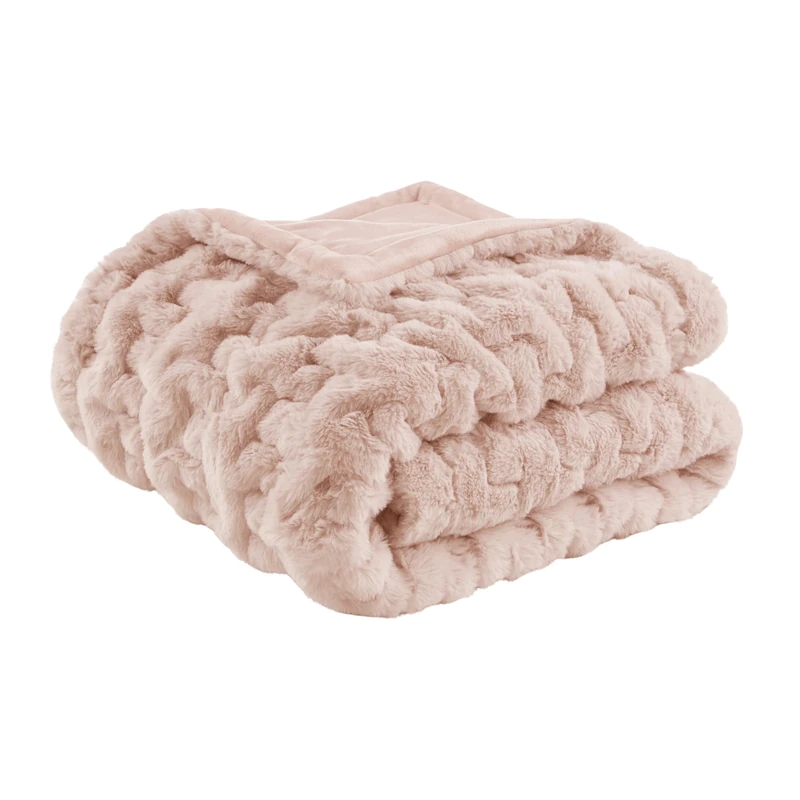 Madison Park Ruched Luxury Throw Premium Soft Cozy Brushed Long Faux Fur For Bed, Couch or Sofa, 50"x60", Blush