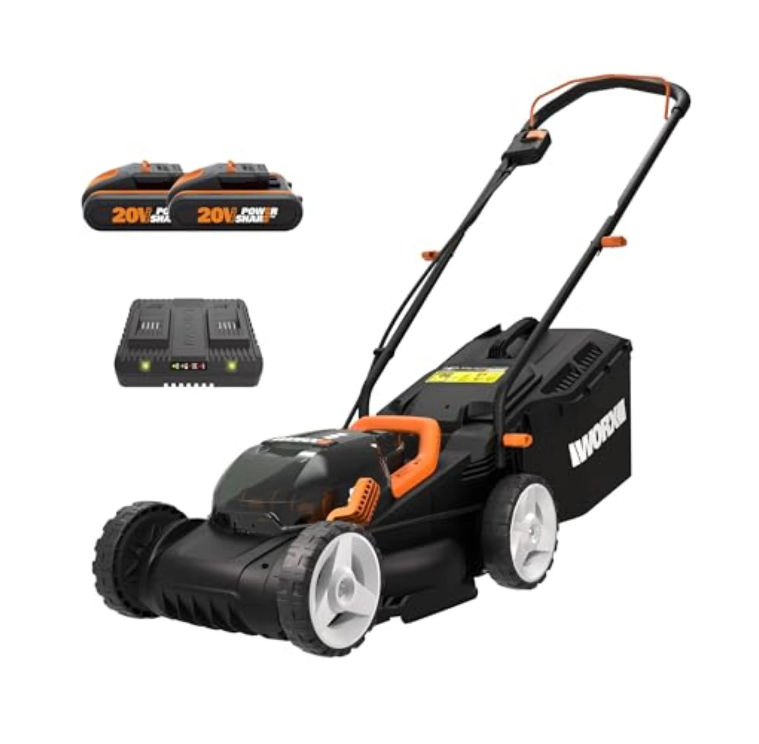 Worx WG779E.2 40V 34cm Cordless Lawnmower, ideal for Gardens up to 230㎡, Cut-to-Edge, striped Lawn Roller, foldable Handle, PowerShare, includes 2x 2.0Ah Batteries, Charger & 30L Grass collection bag