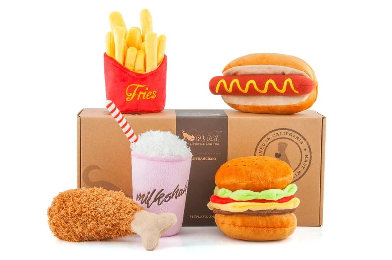 P.L.A.Y. American Classic Dog Toy Gift Set – 5-Piece Plush Food Toy Collection with Squeakers – Durable, Eco-Friendly, Machine Washable Toys in Gift Box – Barky Burger, Fries & More