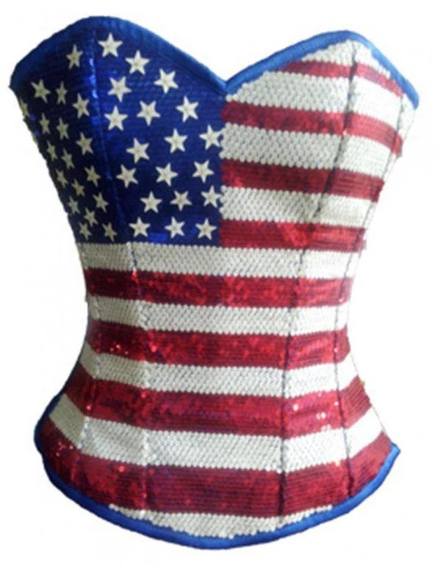 USA Flag Blue Satin Sequins Goth Burlesque Waist Cincher Basque Overbust Corset