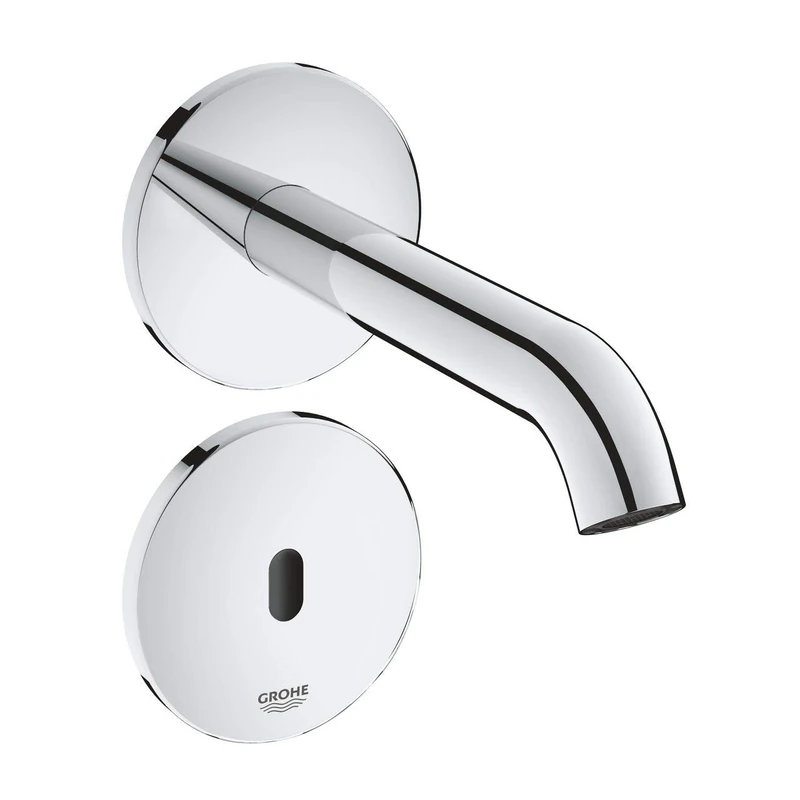 GROHE Essence E Infra-Red Electronic Wall Basin Tap without Mixing Device (for Cold or Premixed water, 7 Pre-Set Programs, Auto Flush, 3/8 Inch Tails), Chrome, 36447000