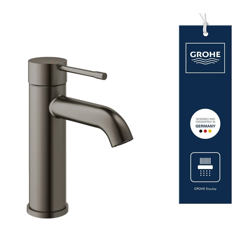GROHE Essence Basin Mixer Tap with Pop-Up Waste Set (L-Size 244 mm, Curved High Adjustable Swivel Spout, Metal Lever, 28 mm Ceramic Cartridge, 3/8 Inch Tails), Hard Graphite, 32628A01