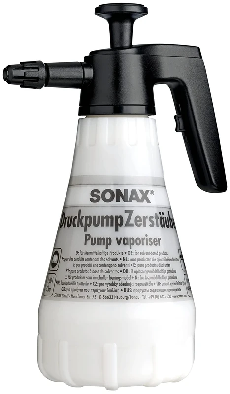 SONAX Pump Vaporiser solvent resistant (1 piece) - the spray bottle ensures accurate application of solvent-based detergents and cleaning products. Capacity 1 Litre | Item No. 04969000